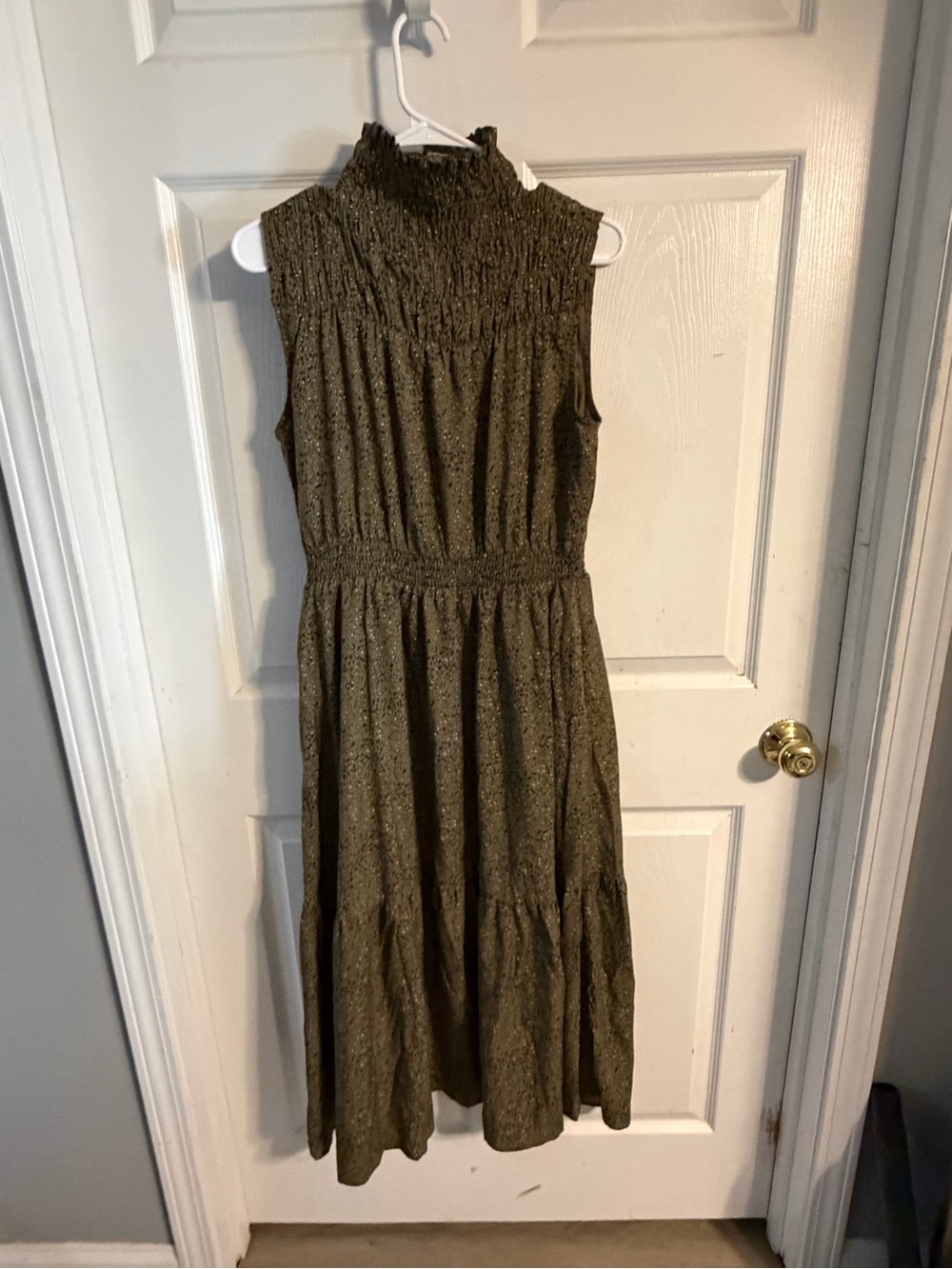 THML Olive Green Smocked High-Neck Midi Dress